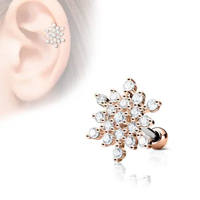 Rose Gold IP Surgical Steel Large Snow Flake White CZ Cartilage Helix Barbell