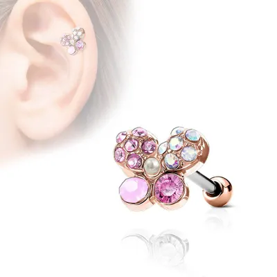 Rose Gold IP Surgical Steel Multi Crystal Butterfly Ear Cartilage Barbell