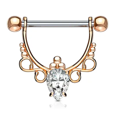 Rose Gold IP Surgical Steel with White Pear CZ Dangle Nipple Ring Barbell