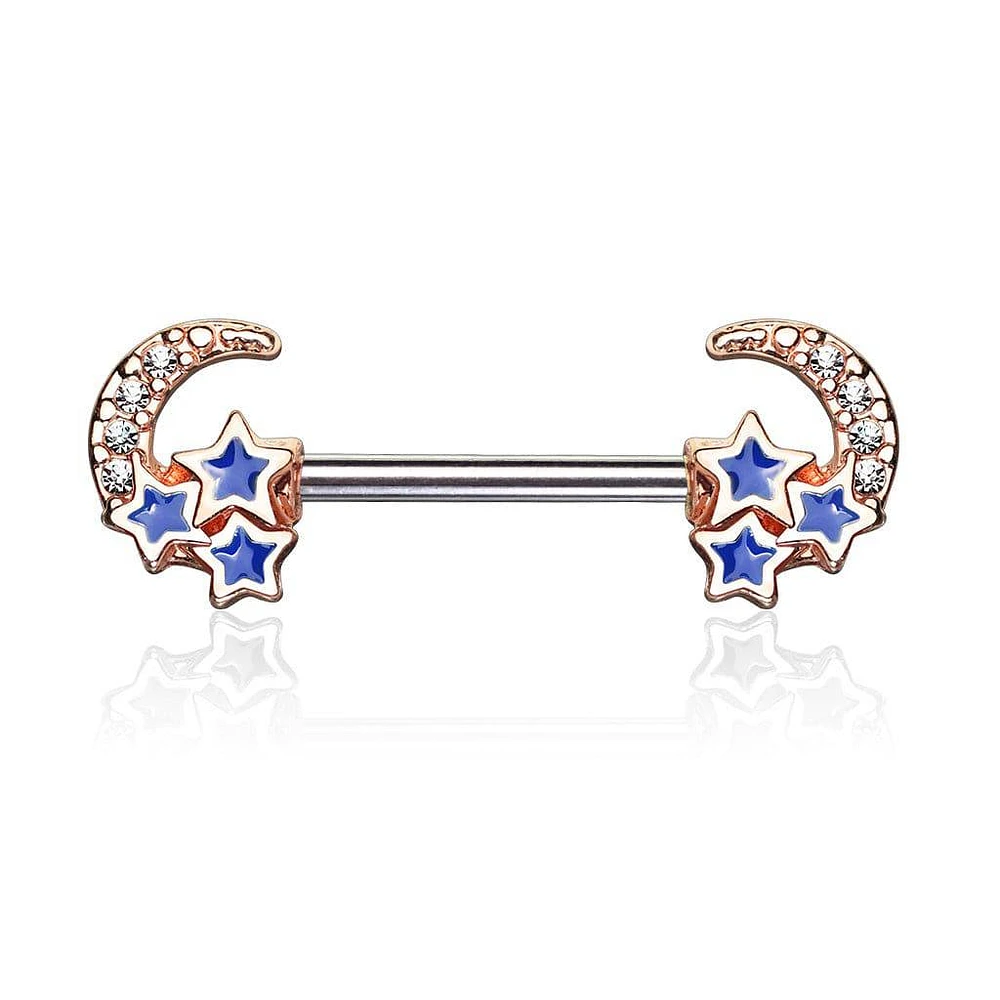 Rose Gold Plated Surgical Steel Crescent Moon & Blue Stars Nipple Ring Barbell