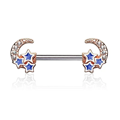 Rose Gold Plated Surgical Steel Crescent Moon & Blue Stars Nipple Ring Barbell