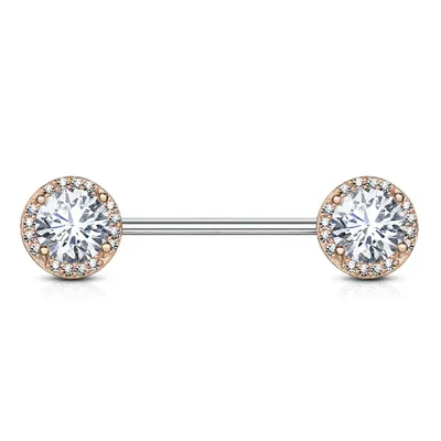 Rose Gold Plated Surgical Steel CZ Centre Pave Nipple Ring Barbell