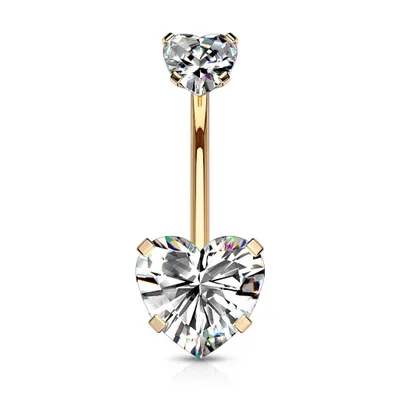 Rose Gold Plated Surgical Steel Double Heart White CZ Gem Belly Button Ring