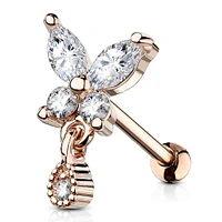 Rose Gold Plated Surgical Steel White CZ Butterfly w. Teardrop Dangle Helix Barbell