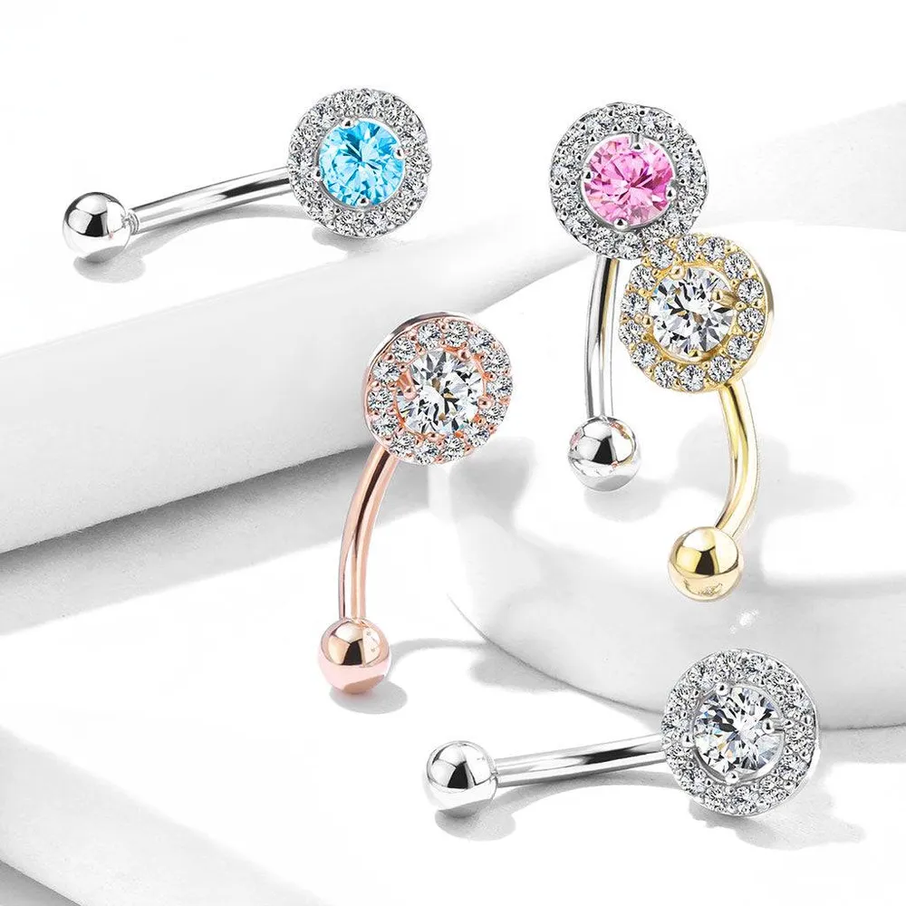 Rose Gold Plated Surgical Steel White CZ Gem Cluster Curved Barbell