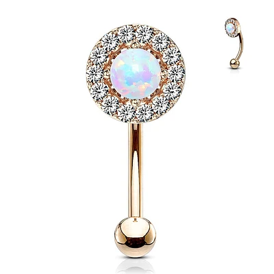 Rose Gold Plated Surgical Steel White CZ Gem Cluster & White Opal Curved Barbell