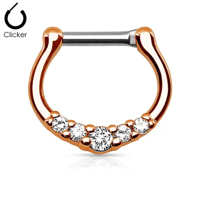 Rose Gold PVD 5 Prong White CZ Septum Ring Surgical Steel Bar Clicker
