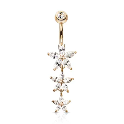 Rose Gold PVD Surgical Steel 3 White CZ Flower Dangle Belly Ring