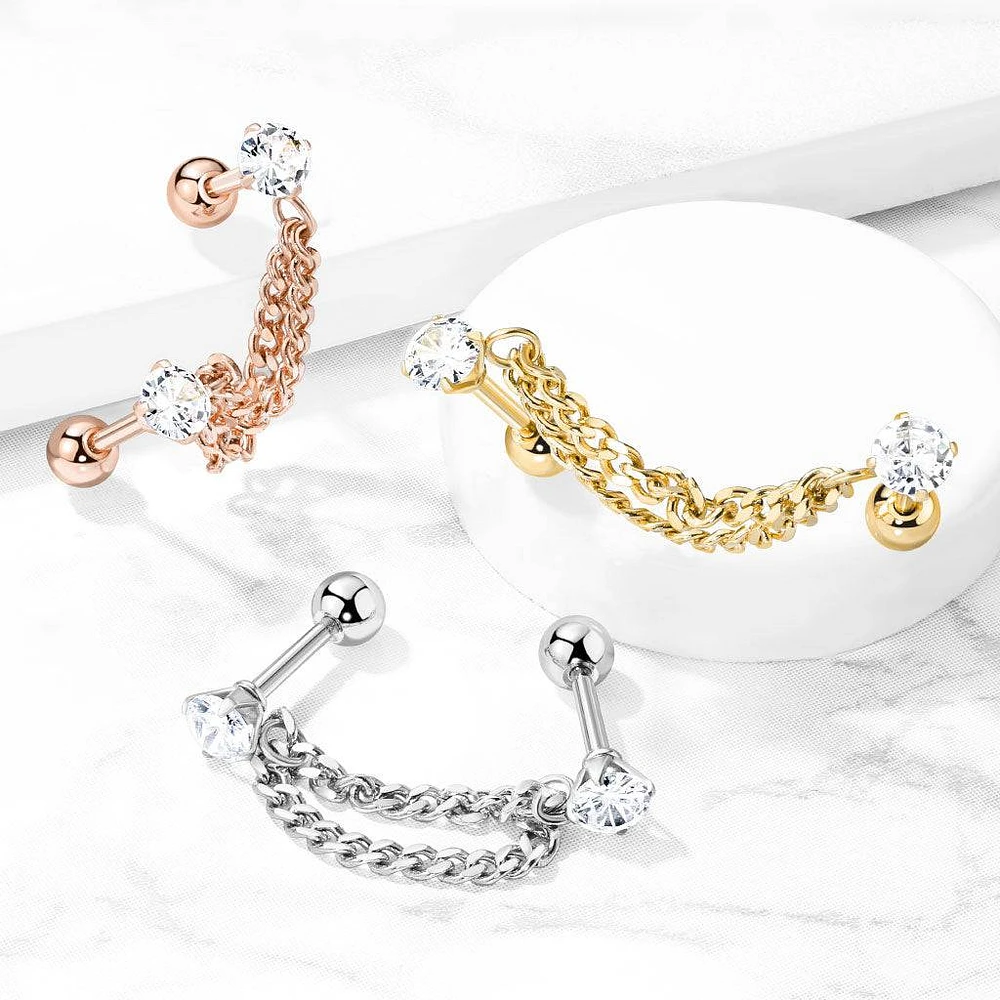 Rose Gold PVD Surgical Steel Double Chain Link Ball Back CZ Barbell Studs