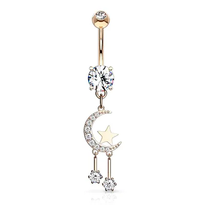 Rose Gold Surgical Steel Crescent Moon & Star Dangle Belly Button Ring