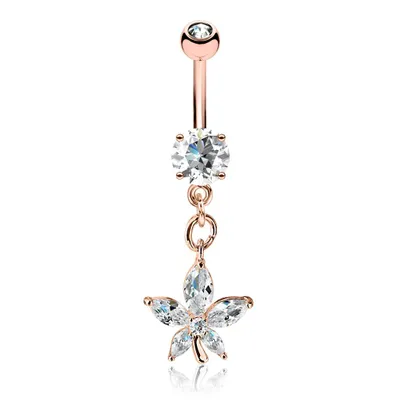 Rose Gold Surgical Steel Dangling Petal Flower White CZ Belly Ring