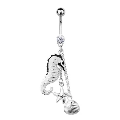 White Sea Horse with Dangling Starfish Belly Button Navel Ring