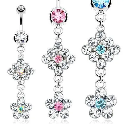 Surgical Steel 2 Dangling CZ Gem Flowers Belly Button Navel Ring