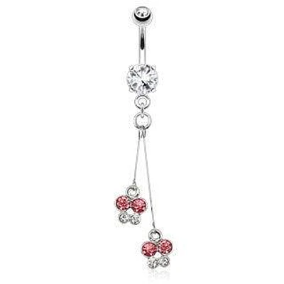 Surgical Steel Belly Button Navel Ring Bar with Dangling 2 Butterfly CZ on Wire