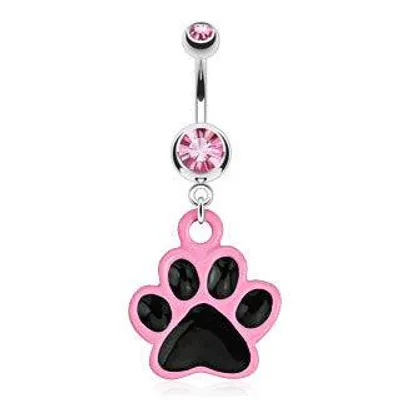 Surgical Steel Belly Button Navel Ring Bar with Dangling Black and Pink Paw