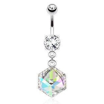 Surgical Steel Belly Button Navel Ring Bar with Dangling Cube Prism Box with Paved Gems