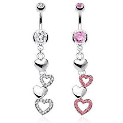 Surgical Steel Belly Button Navel Ring Bar with Dangling CZ Gem Cascading Hearts