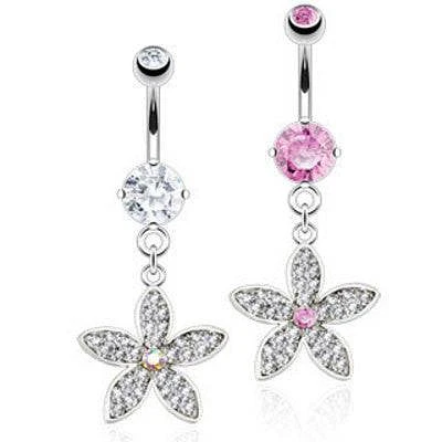 Surgical Steel Belly Button Navel Ring Bar with Dangling CZ Paved Flower Petal Centre Gem