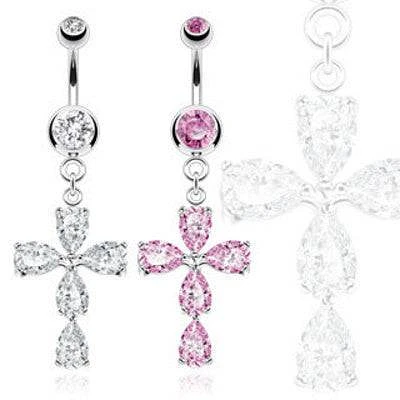 Surgical Steel Belly Button Navel Ring Bar with Dangling CZ Tear drop Religious Cross