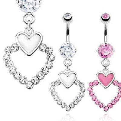 Surgical Steel Belly Button Navel Ring Bar with Dangling Heart Epoxy CZ Gem Rim
