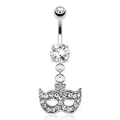 Surgical Steel Belly Button Navel Ring Bar with Dangling White CZ Drama Theater Masquerade Ball Mask