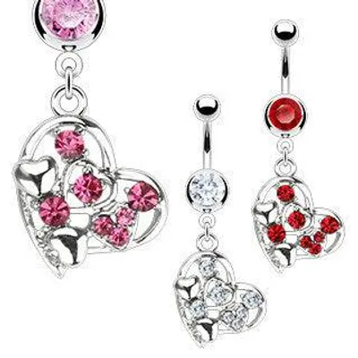 Surgical Steel Belly Button Navel Ring Bar with Heart Design CZ Gems Dangle