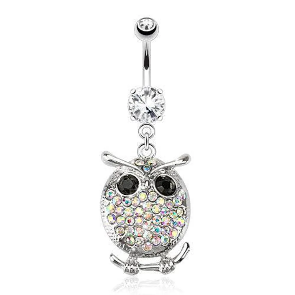 Surgical Steel Belly Button Navel Ring with CZ Gem AB Chubby Owl Dangle