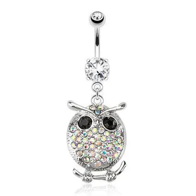 Surgical Steel Belly Button Navel Ring with CZ Gem AB Chubby Owl Dangle
