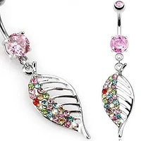Surgical Steel Belly Button Navel Ring with Multi Color Gem Feather Leaf Dangle