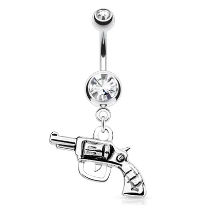 Surgical Steel Clear Gem Revolver Gun Dangling Belly Button Navel Ring