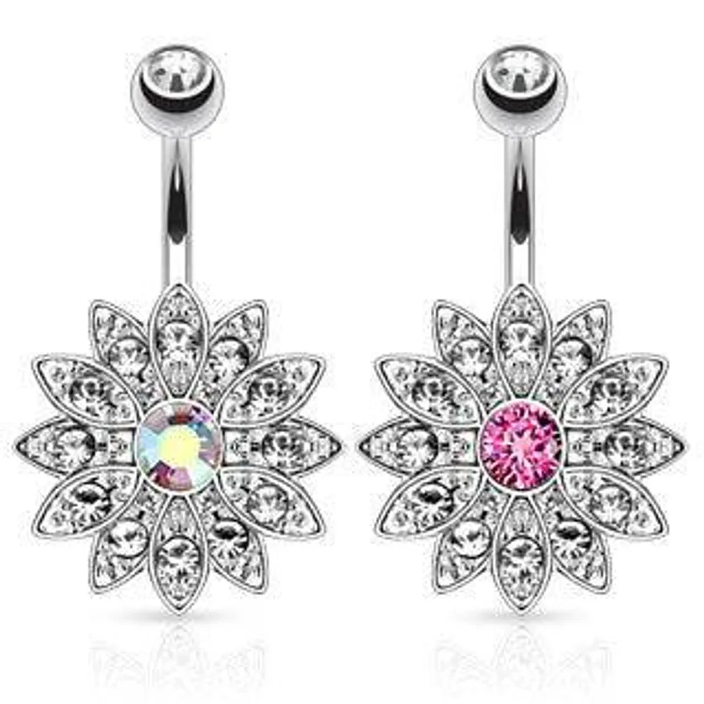 Surgical Steel Clear Paved CZ Flower with Center Stone