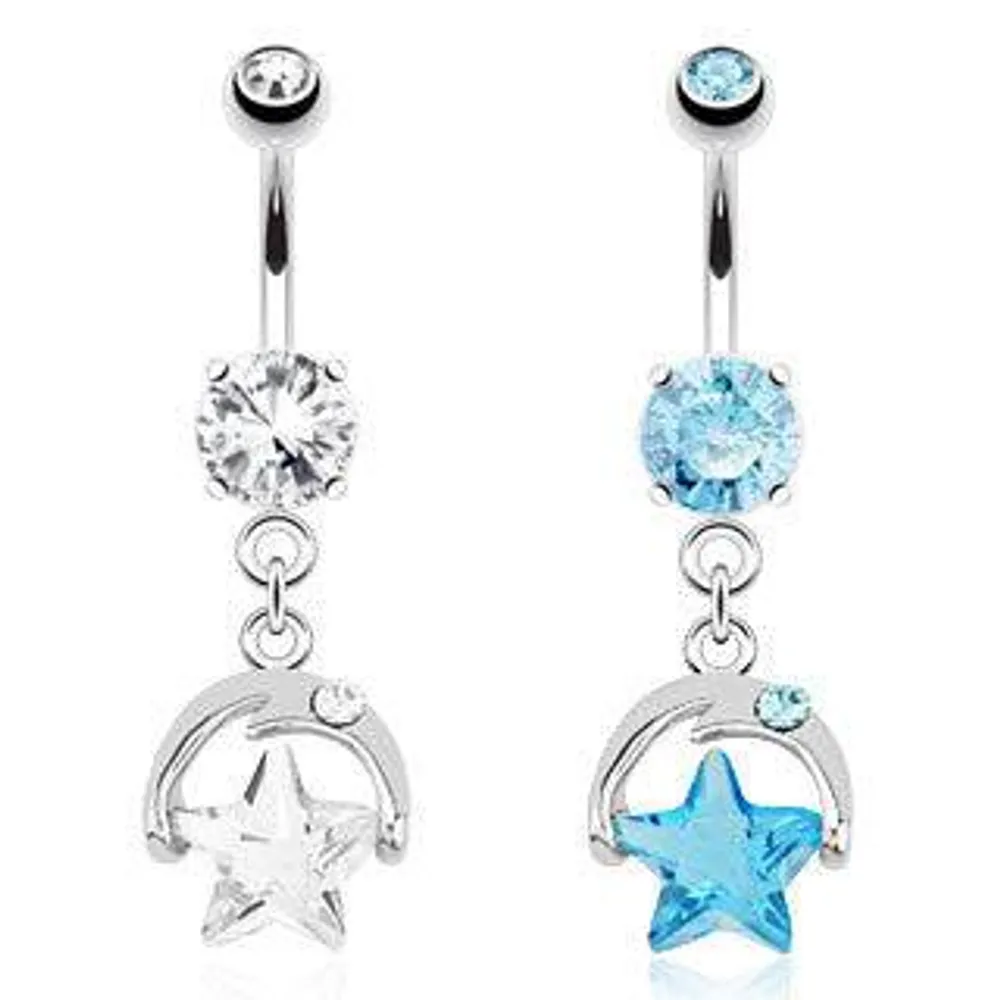 Surgical Steel CZ Crescent Moon and Star Belly Button Navel Ring