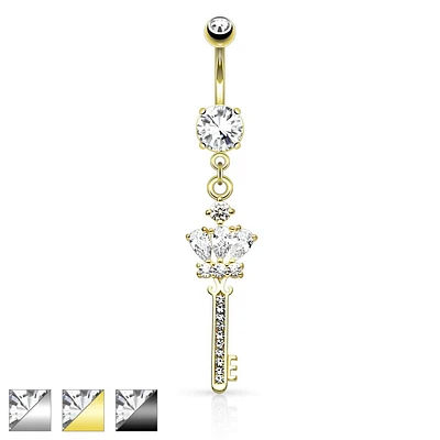 Surgical Steel CZ Crown and Key Dangling Belly Button Navel Ring