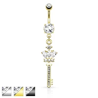 Surgical Steel CZ Crown and Key Dangling Belly Button Navel Ring