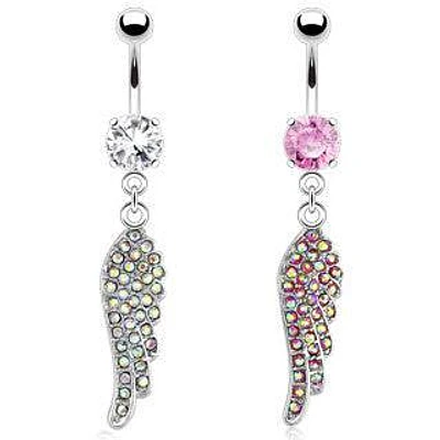 Surgical Steel Dangling CZ Gem Angel Wing Belly Button Navel Ring