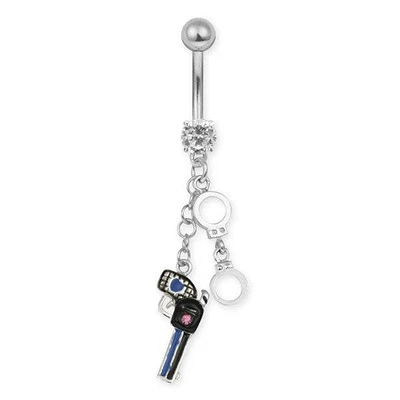 Surgical Steel Dangling Silver Gun and Hand Cuffs Belly Button Navel Ring