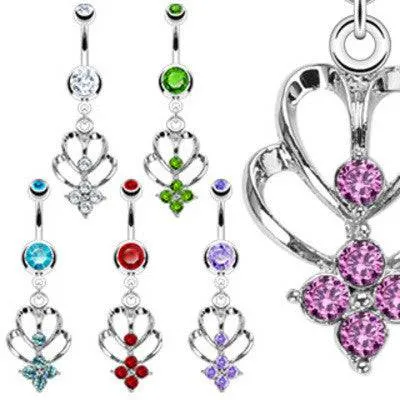 Surgical Steel Double Heart CZ Flower Gem Dangle Belly Button Navel Ring