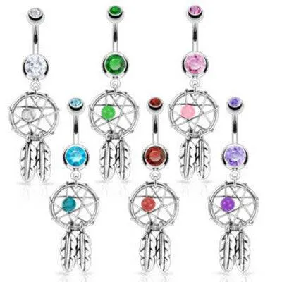 Surgical Steel Dream Catcher with Star Bead and Design Belly Button Navel Ring Dangle