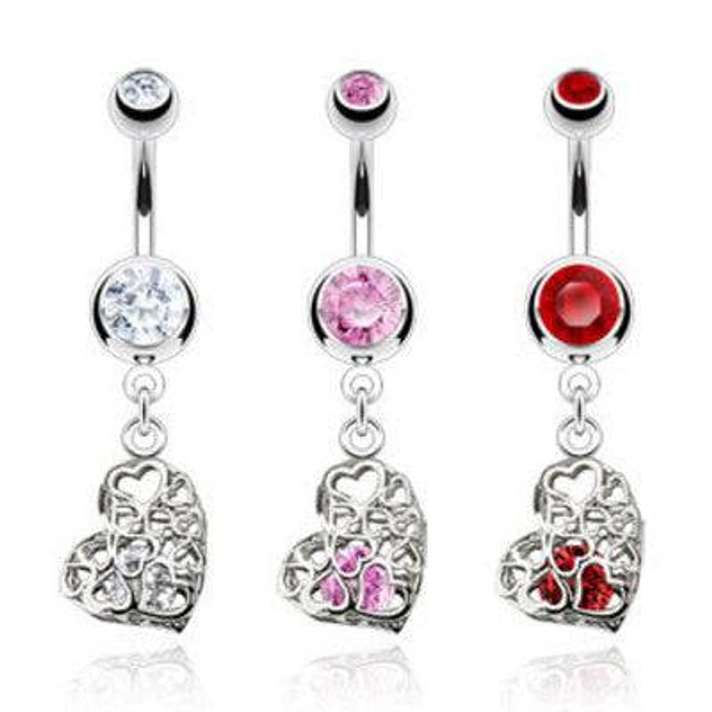 Surgical Steel Floating Gem within a Caged Heart Dangling Belly Button Navel Ring