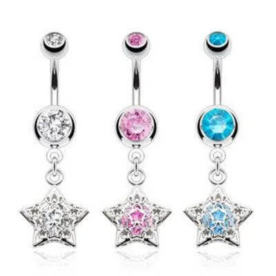 Surgical Steel Floating Gem within a Caged Star Dangling Belly Button Navel Ring