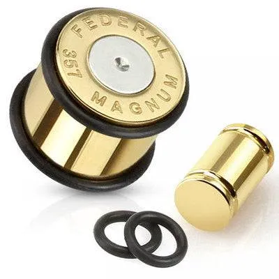 Surgical Steel Gold Magnum Bullet Ear Gauges Spacers Plugs with 2 O-Rings