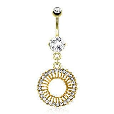 Surgical Steel Gold Plated Belly Button Navel Ring Bar with Dangling Circle Sun Paved Gems