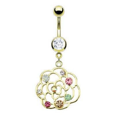 Surgical Steel Gold Plated Belly Button Navel Ring Bar with Multi Color Flower CZ Dangle