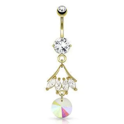 Surgical Steel Gold Plated Dangling CZ Leaf Prism Belly Button Navel Ring