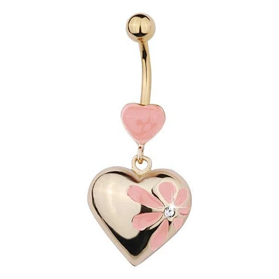 Surgical Steel Gold Plated Pink Heart and Flower Dangle Belly Button Navel Ring