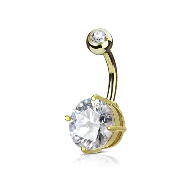 Surgical Steel Gold Plated Prong White CZ Classic Belly Button Ring