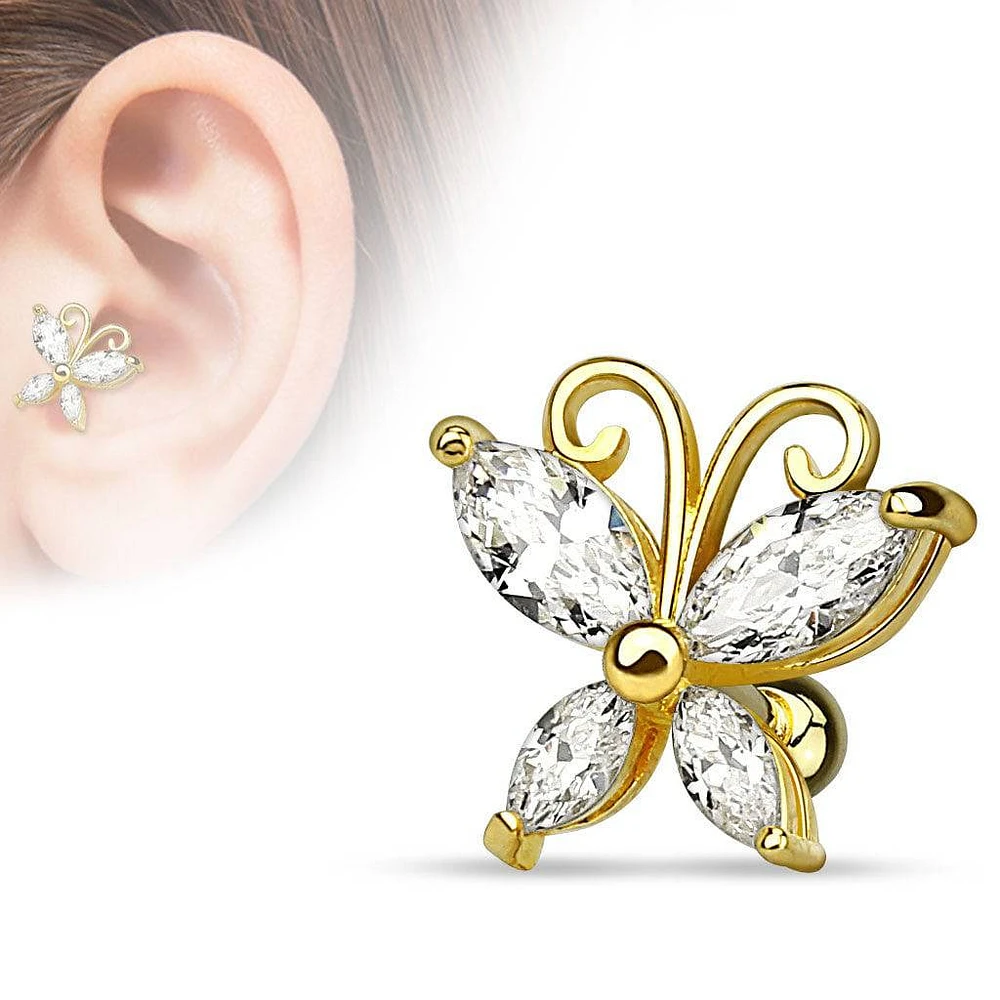 Surgical Steel Gold Plated White CZ Ball Back Ear Cartilage Helix Stud