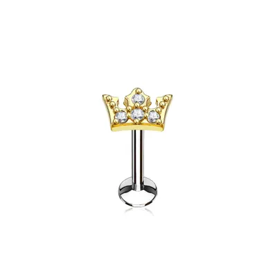 Surgical Steel Gold Plated White CZ Crown Labret