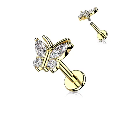 Surgical Steel Gold PVD Internally Threaded White CZ Gem Butterfly Flat Back Labret