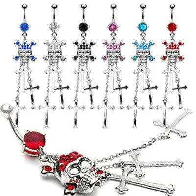 Surgical Steel Gothic Skull and Cross Long CZ Dangle Belly Button Navel Ring